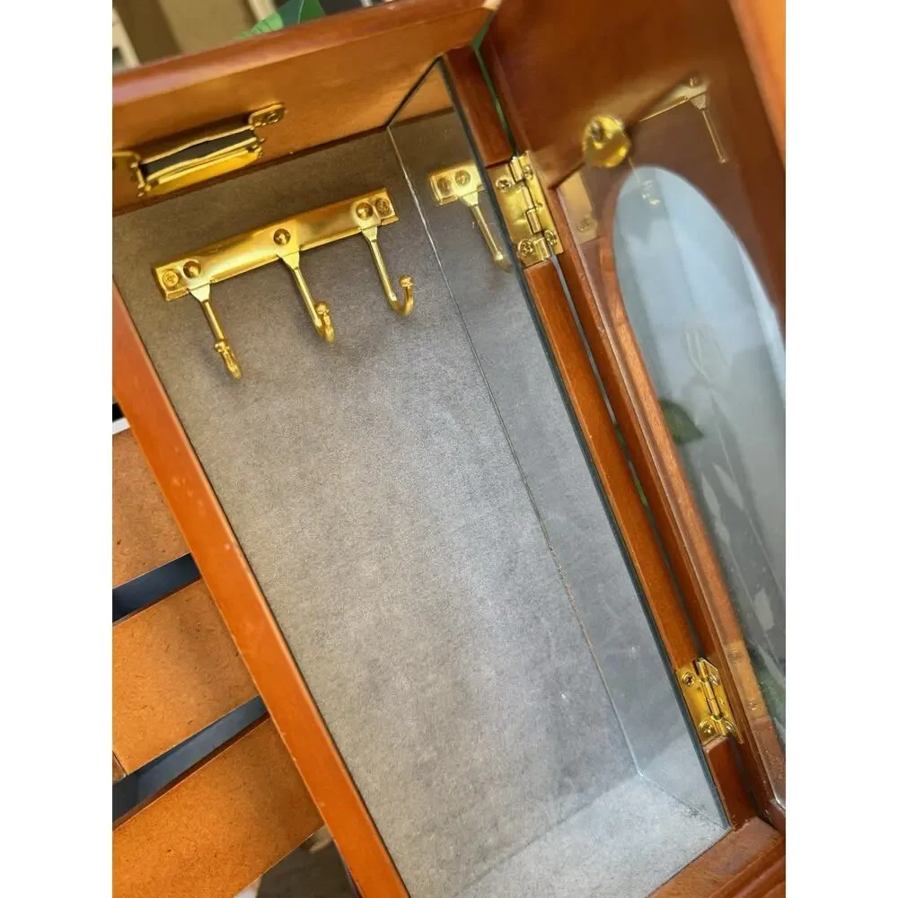 Large Vintage Solid Wood Etched Glass Armoire Style Jewelry Box